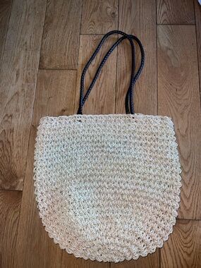 Liz Claiborne Large Natural Straw Tote with Black Rope Leather Handles